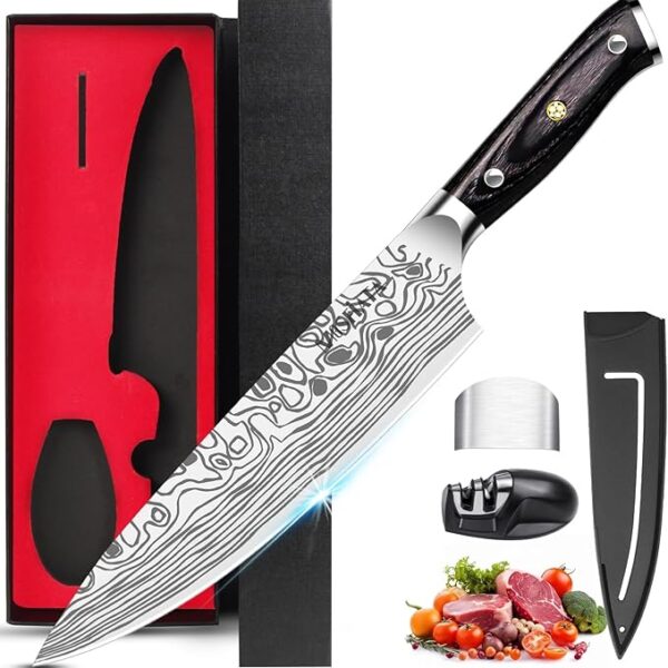 MOSFiATA 8 inch Super Sharp Professional Chef's Knife with Finger Guard and Knife Sharpener, German High Carbon Stainless Steel EN1.4116 with Micarta Handle and Gift Box